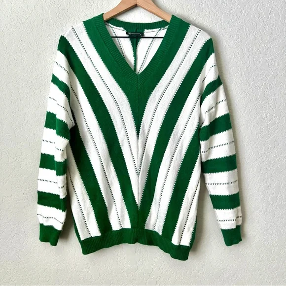 PRETTY GARDEN Pullover Knit Sweater V-Neck Color Block Stripe Green Whit… - Picture 4 of 8